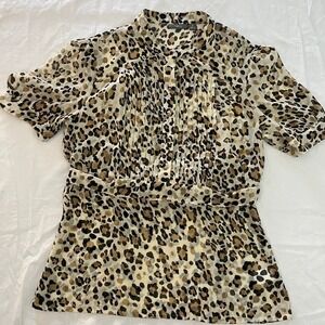 Apt 9 Womens Sheer Leopard Babydoll Blouse Sz M Pintuck Pleated Puff Sleeve